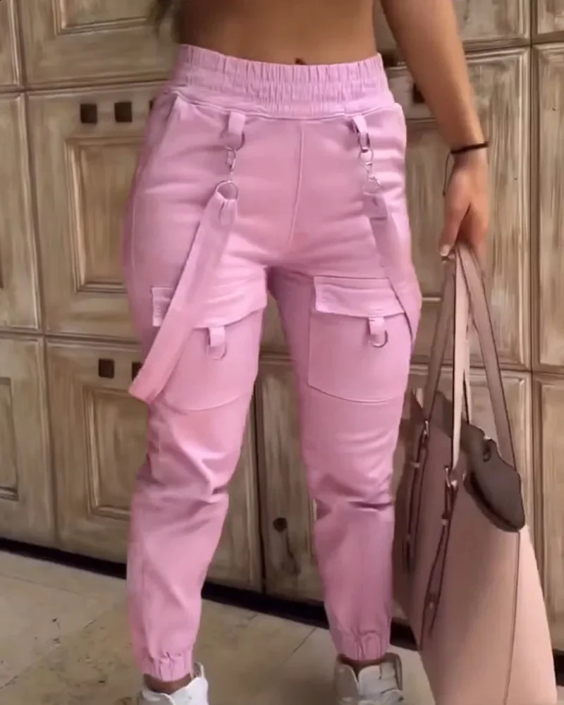 Womens Cargo Pants Casual Trousers Spring Autumn Solid Color Trend Street Pocket Cuff Suspenders Streetwear Women 241217