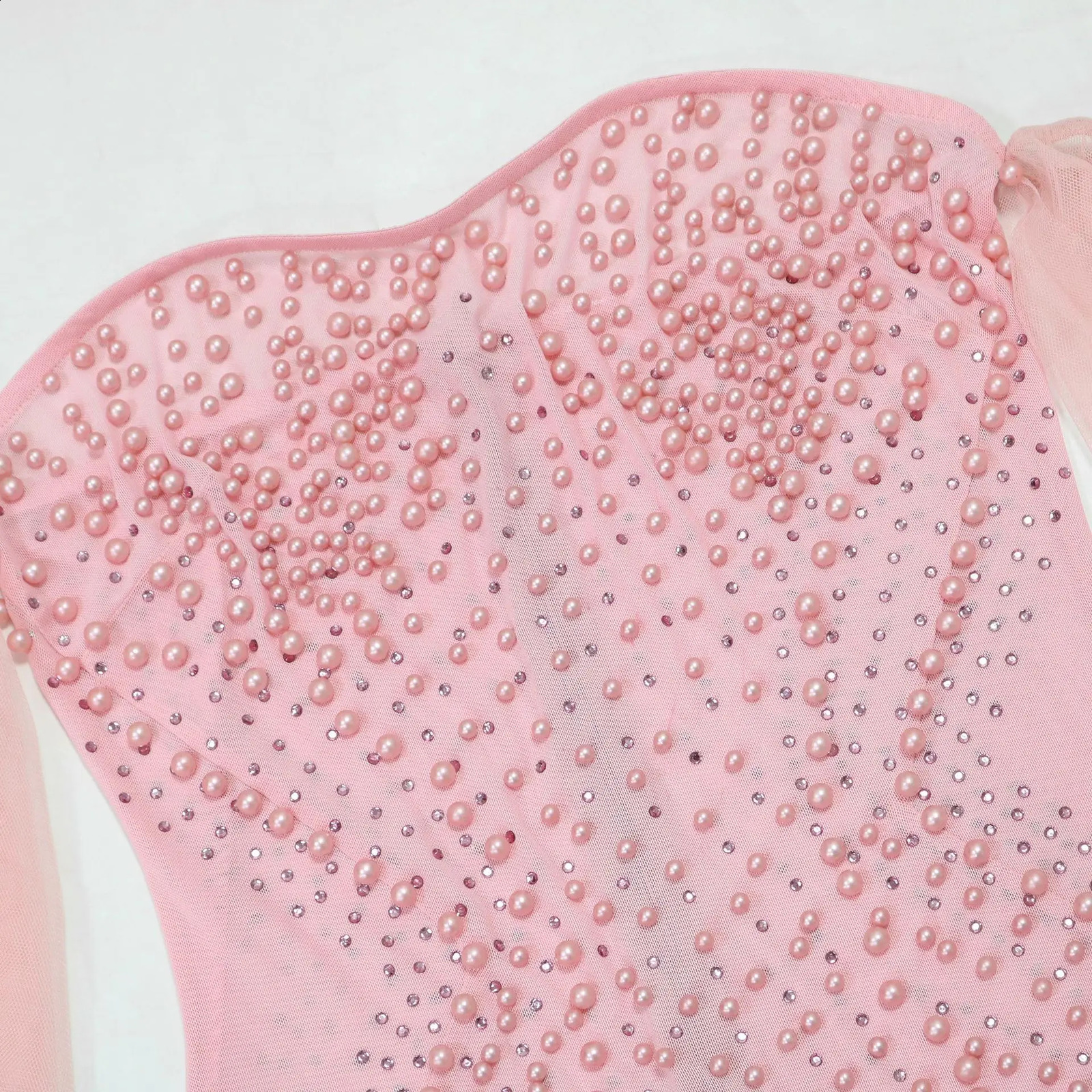 Pink Rhinestone Pearl Dress Lady Party Bodycon Evening Dresses Women Summer Elegant Maxi Long Mesh Off Shoulder Dresses 241217