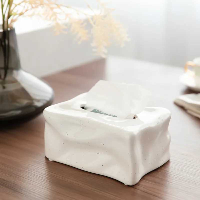 Nordic Luxury Ceramic Tissue Box Cube Design High-end Plated Metal Tissue Holder Ins Tea Table Storage Decorative Ornament Y241218
