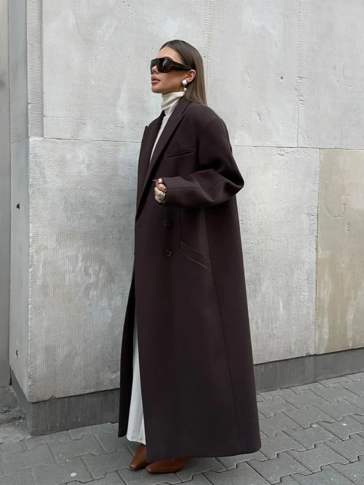 Vintage Brown Double Breasted Long Coat With Shoulder Pad Women Elegant Lapel Full Sleeves Loose Overcoats Autumn Lady Outwears 241217