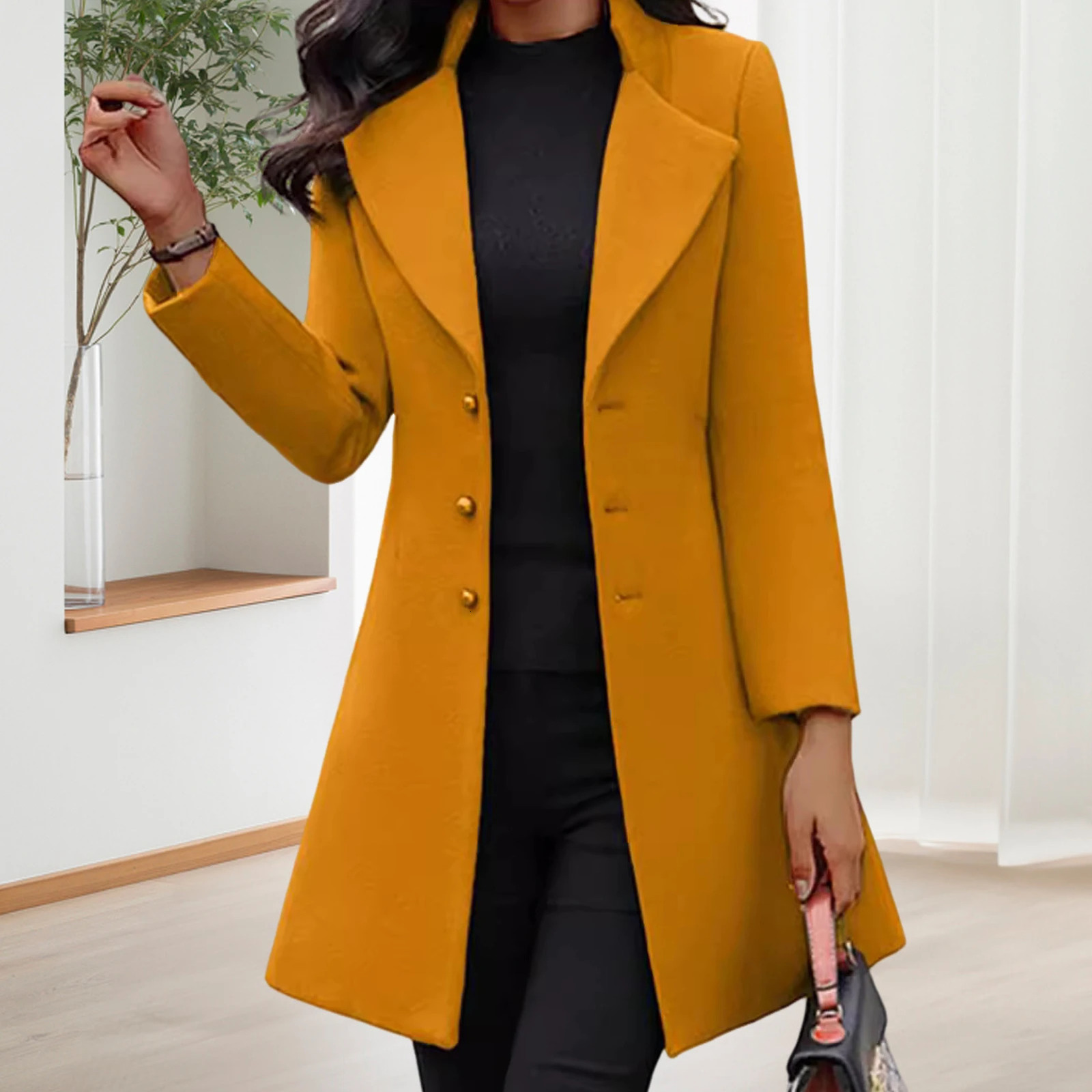 Women Woolen Coat Womens Autumn And Winter Mid Length Slim Fit Jacket Office Lady Single Breasted Wool