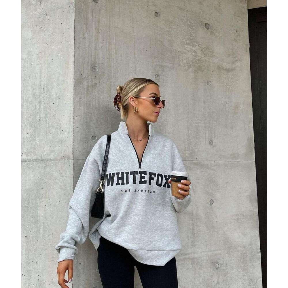 European American 2024 autumn and winter new casual versatile semi open collar zipper printed long sleeved sweatshirt