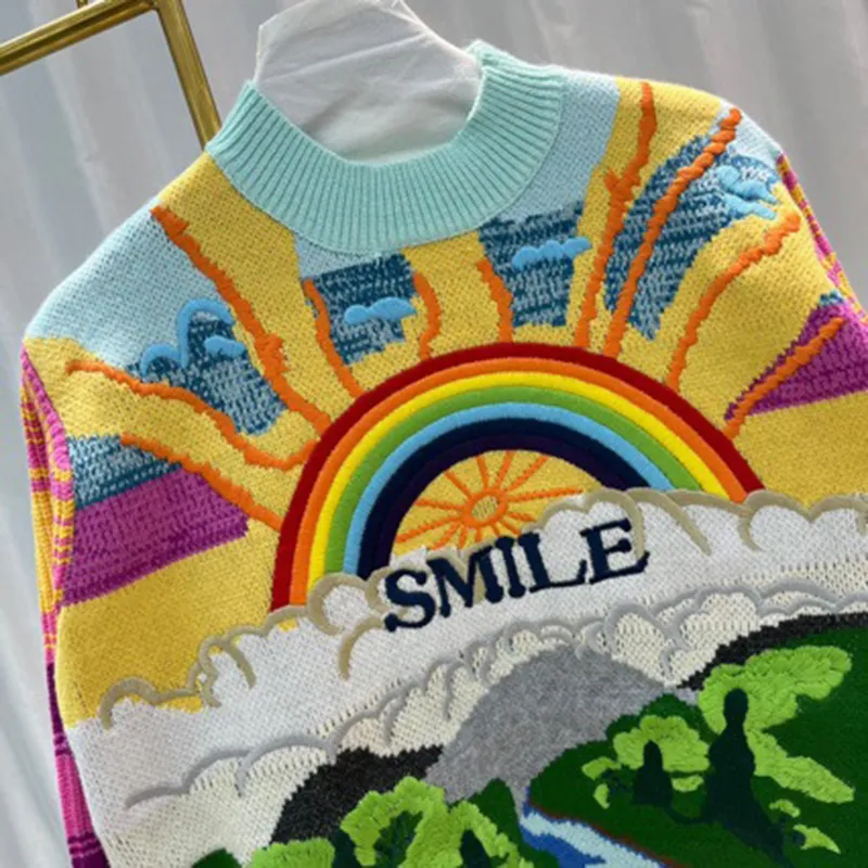Embroidered Rainbow Oversized Knit Sweater for Women Distinctive Style Mid-Length Top Sweater