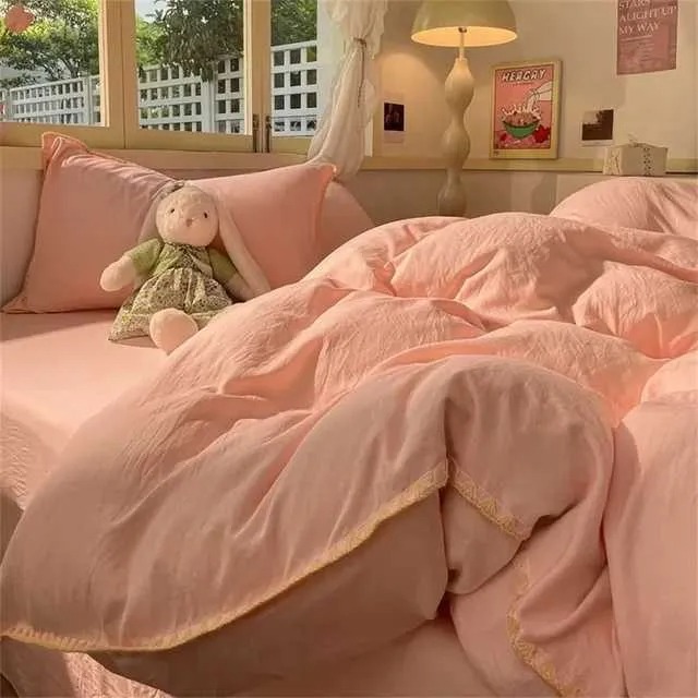 100% Cotton Pink Bedding Set Nordic Chic Duvet Cover Flat Sheet Pillowcase Soft Comforter Cover Bed Linen Boy Girl Home Textiles BRT0734