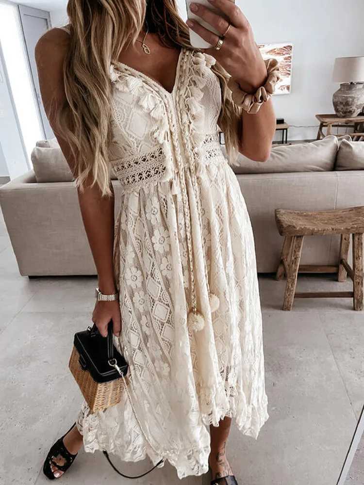 Lace Boho Style Long Dress Women Solid Color Deep V-neck Sveless Beachwear High Waist A-Line Summer Wild Sling Dress For LadyXJ241218