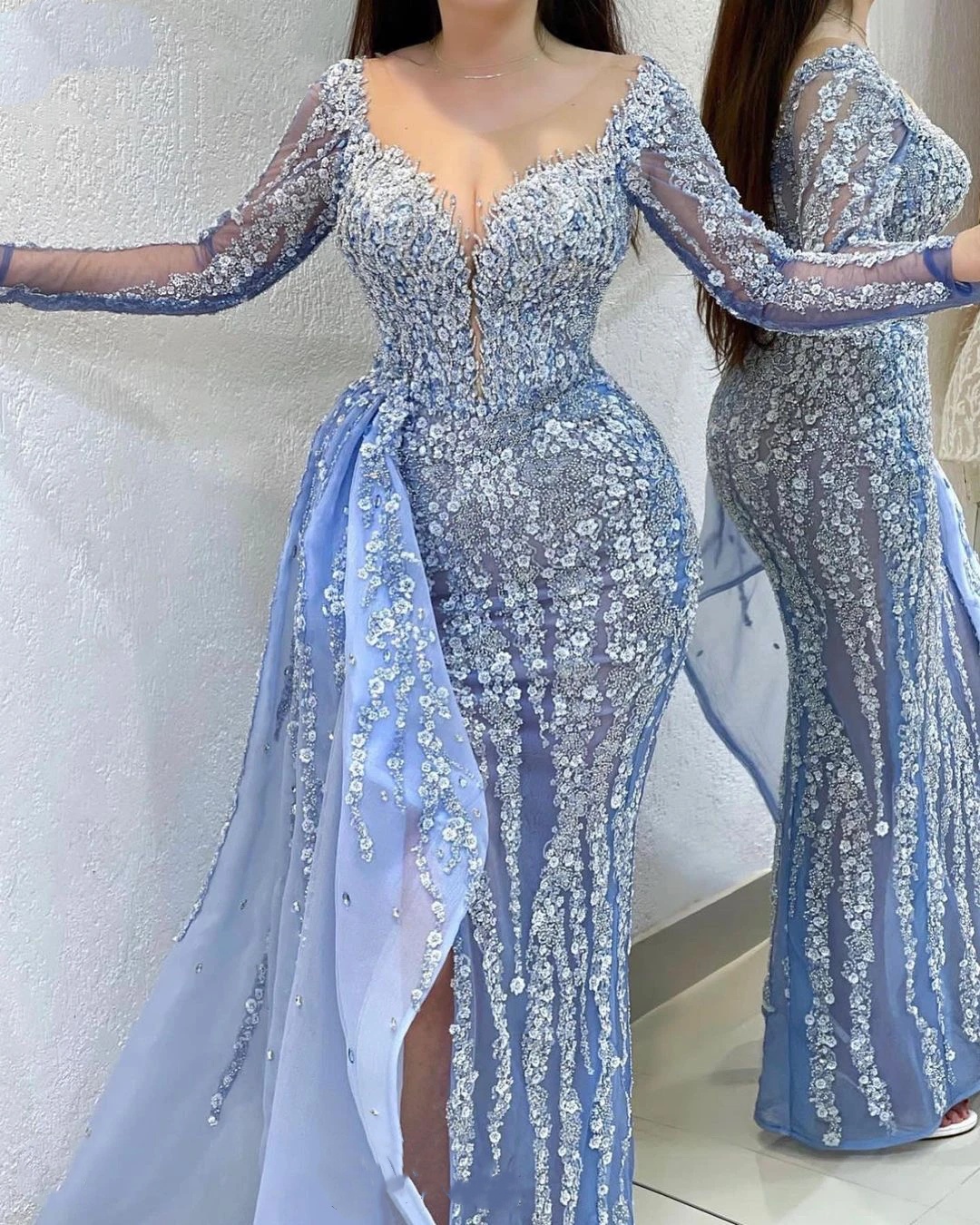 Evening Dresses For Women Sheer Neck Gown Split Side Sequins Crystal Sweep Train Customized Dress Party