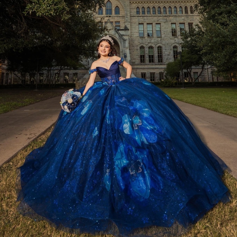 Navy Blue Off The Shoulder Ball Gown Quinceanera Dresses Sequin Applique Beads Sweet 16 Dress Party Birthday Corset Princess Vestidos De 15 Anos