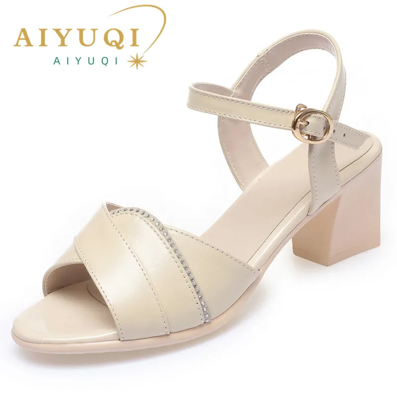 AIYUQI Fashion Sandals Women Summer Genuine Leather Roman Sandals Women Mid Heels Fish Toe Shoes Sandals for Women
