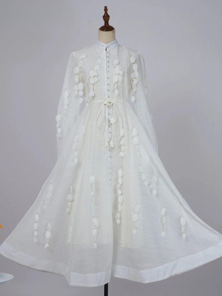2025 Spring Summer Holiday Beading Tassels Splice Organza Loose Dresses Women's Stand Lantern Sleeve Ral Lace Up Vestidos