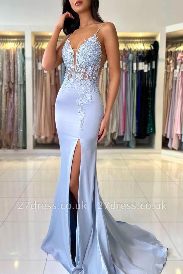 Elegant Mermaid Light Blue Prom Dressses Sexy Spaghetti Straps V-Neck Appliqued Split Evening Gowns Bc16422 6660311