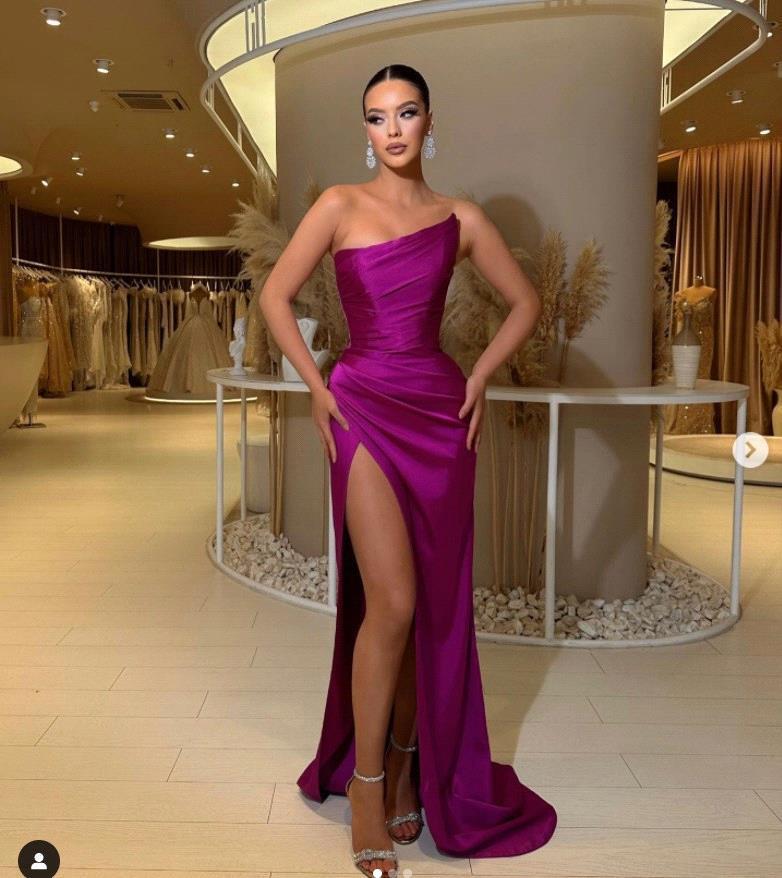 Stunning Grape Purple Split Evening Dresses Mermaid Strapless Satin Long Women Party Ocn Gowns Prom Dress Bc16295 6660311