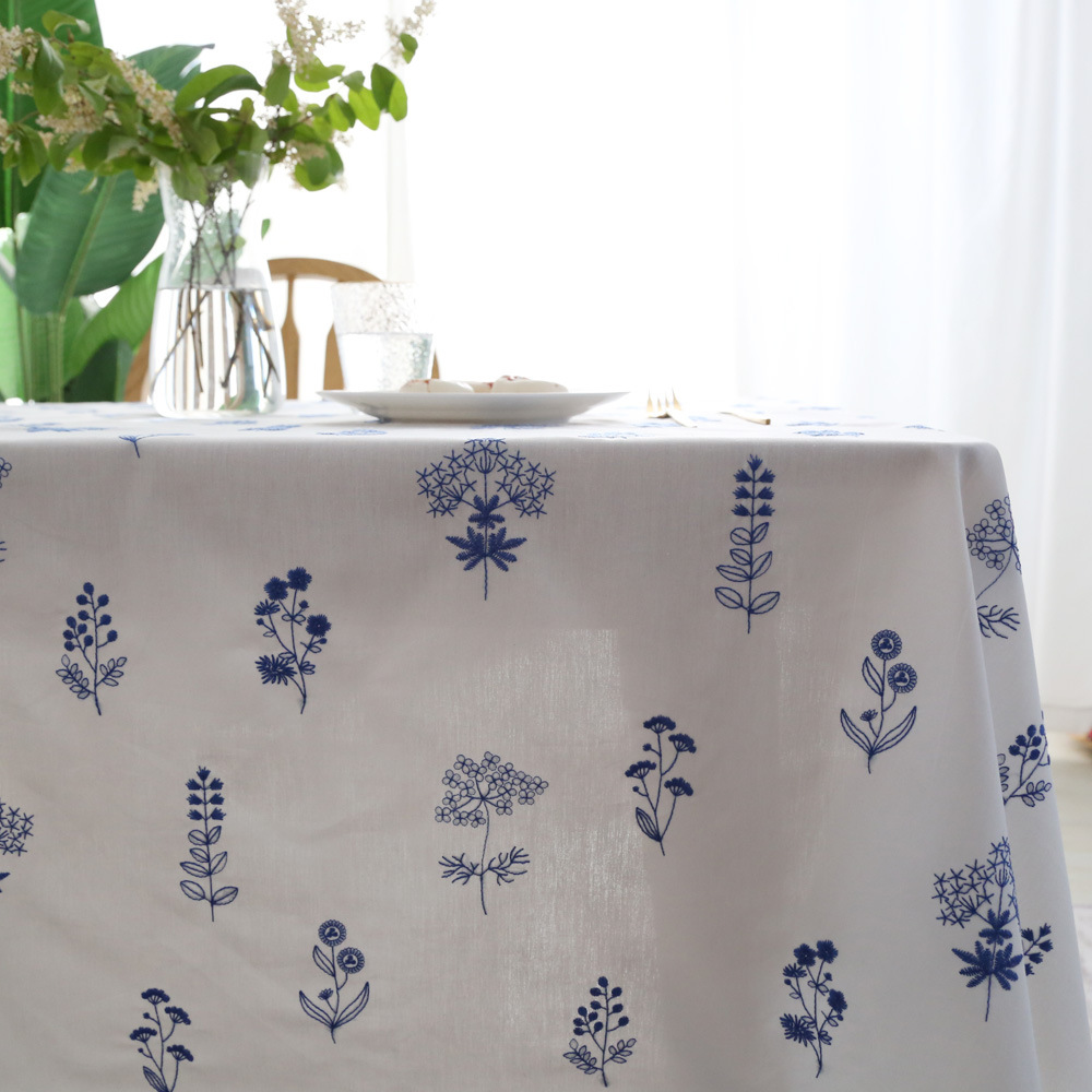 Small Fresh Embroidery Square Dining Table Cloth Blue Embroidery Background White French Round Coffee Table Cloth