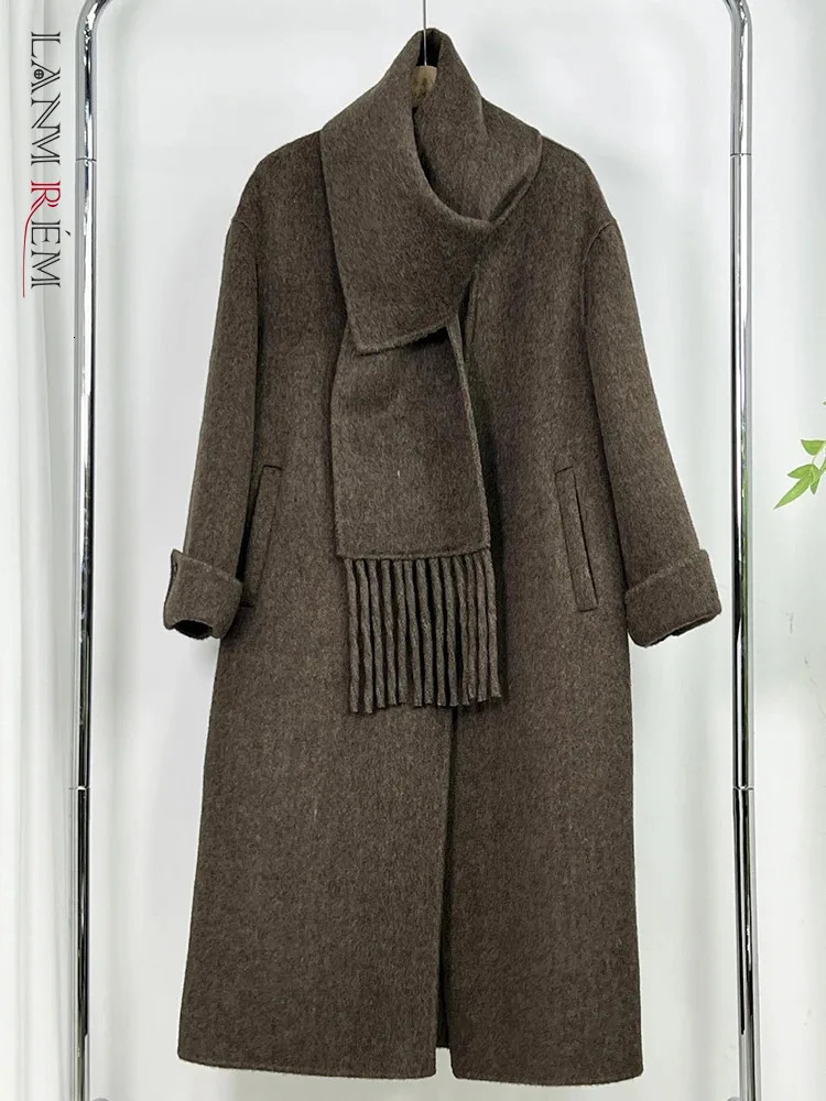 LANMREM Scarf Collar Woolen Coats Women Single Breasted Full Sleeve Solid Color Outwear Loose Female Clothing 32S023 241217