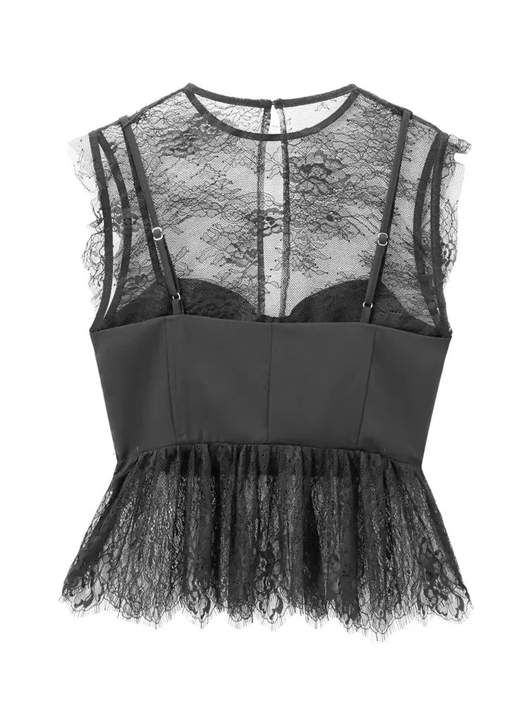 TRAF Fashion Women Lace Patchwork Tops Female Sleeveless Oneck Backless Shirt Elegant Sweet Black Club Party 241216