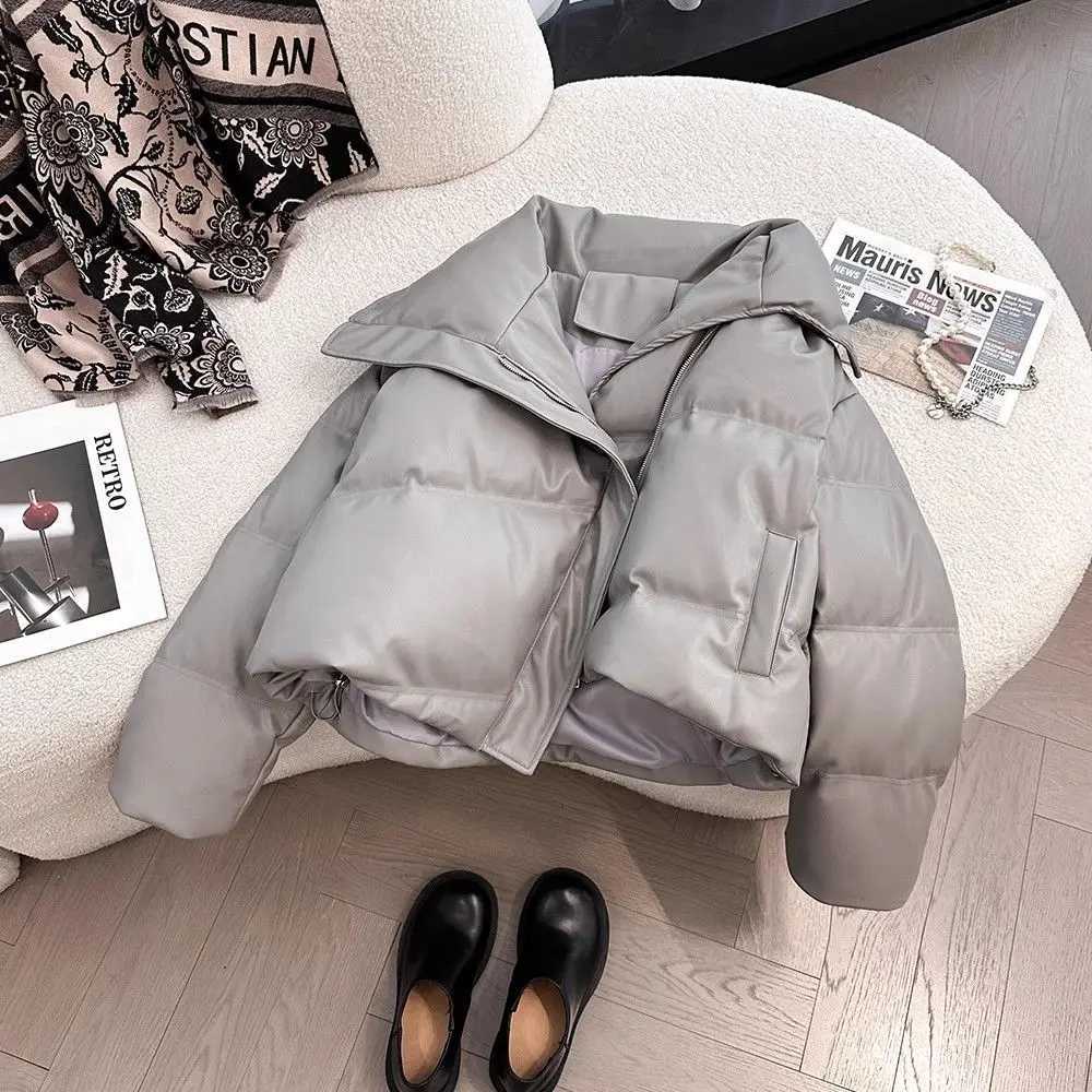 Winter PU leather collar cotton jacket suitable for women Quran style long sleeved lightweight warm short sleeved fashionable womens top M241218