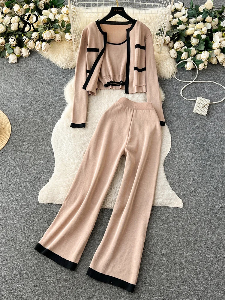 SINGREINY Autumn Knitted Three Pieces Sets Slim Tank TopLong Sleeves Short CardiganElastic Long Pants Fashion Sweater Set 241217
