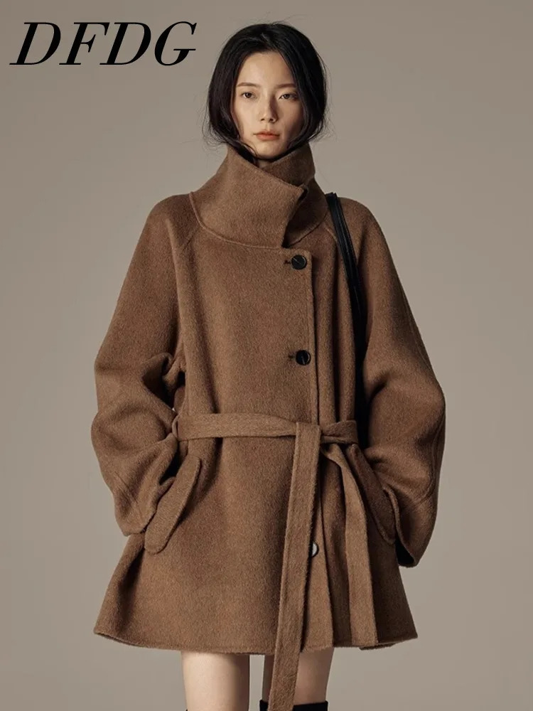 DFDG Autumn And Winter Mid To Long Waistband Single Breasted Stand Up Collar Cashmere Woolen Coat For Women 241217