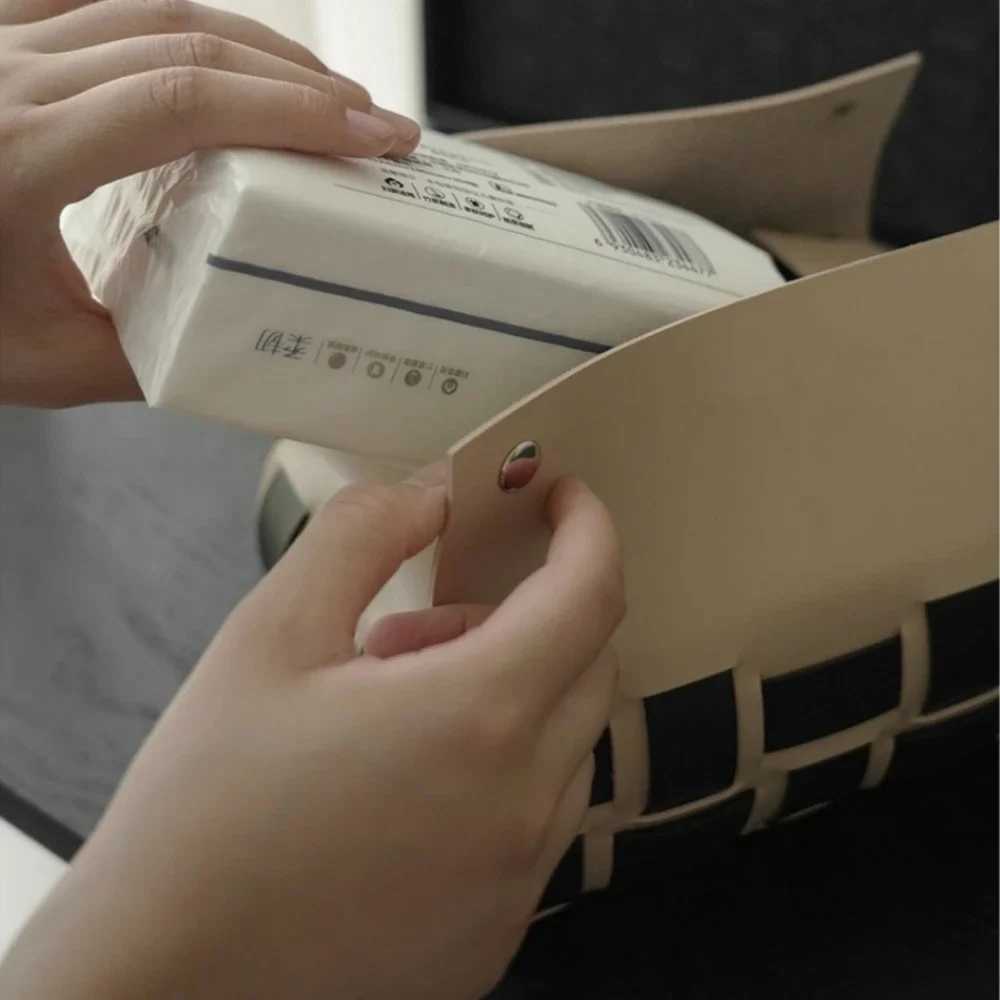 PU leather paper holder double plain weave tissue box luxury desktop napkin organizer creative handle headscarf cover Y241218