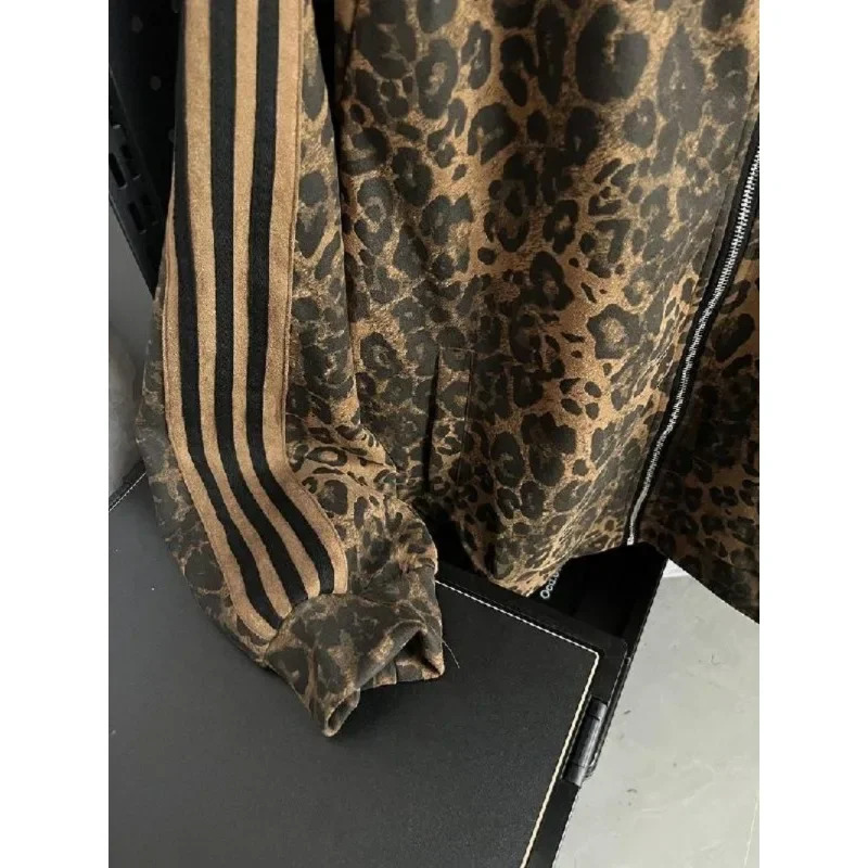 Y2K winter clothes warm casual coat Leopard print cardigan zipper striped long-sleeved high-quality turtleneck jackets for women 241214