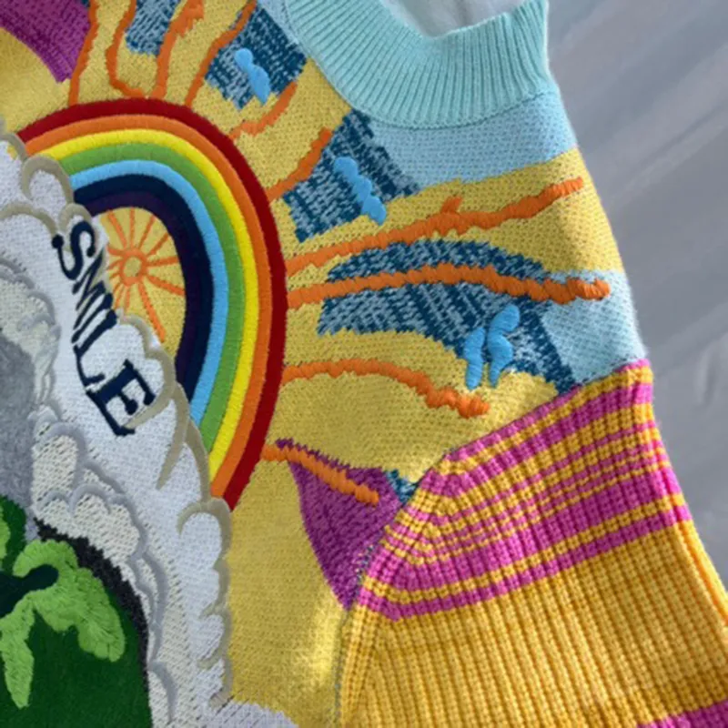 Embroidered Rainbow Oversized Knit Sweater for Women Distinctive Style Mid-Length Top Sweater