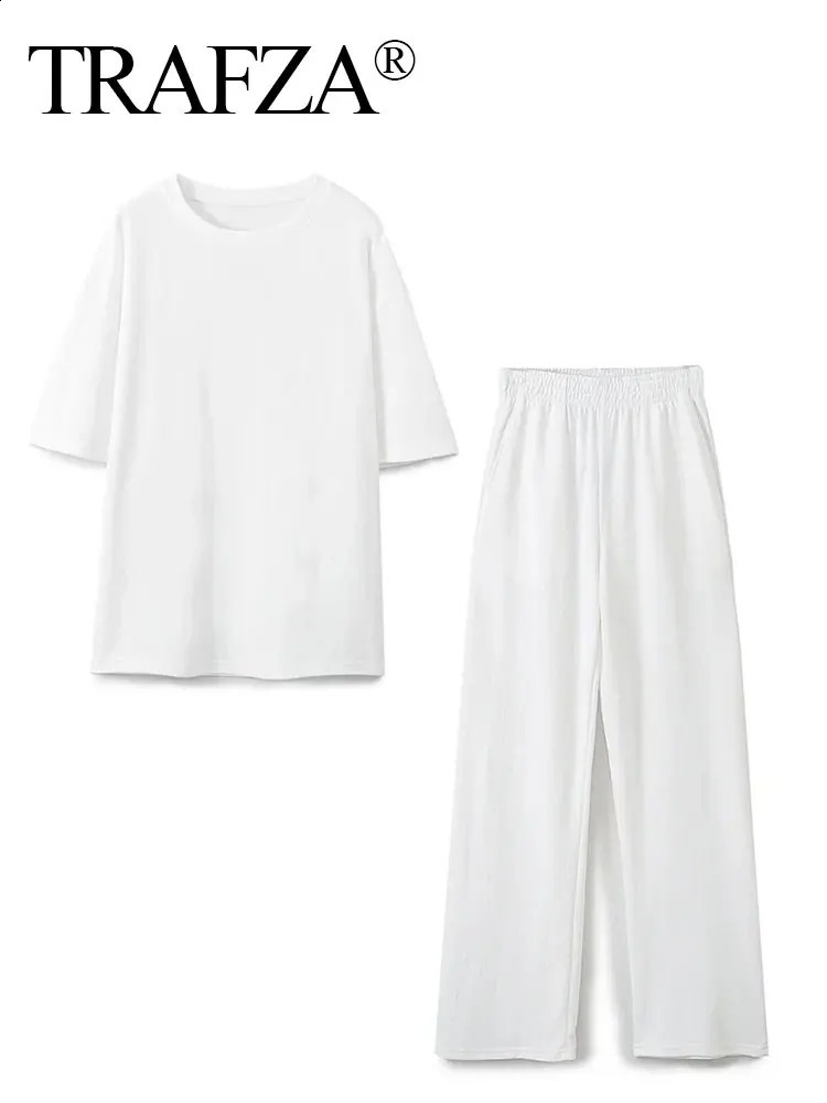 TRAFZA Womens Retro Solid Shirt Pants Set O-neck Short sleeved Shirt TopElastic Waist Loose Trouser Spring Set 241217