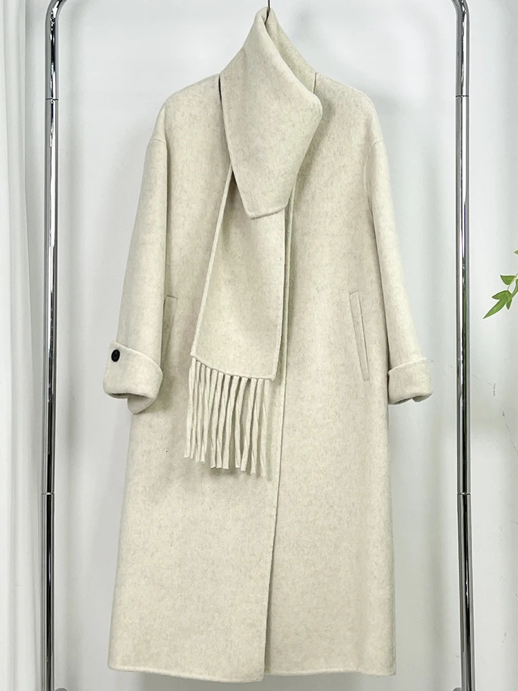LANMREM Scarf Collar Woolen Coats Women Single Breasted Full Sleeve Solid Color Outwear Loose Female Clothing 32S023 241217