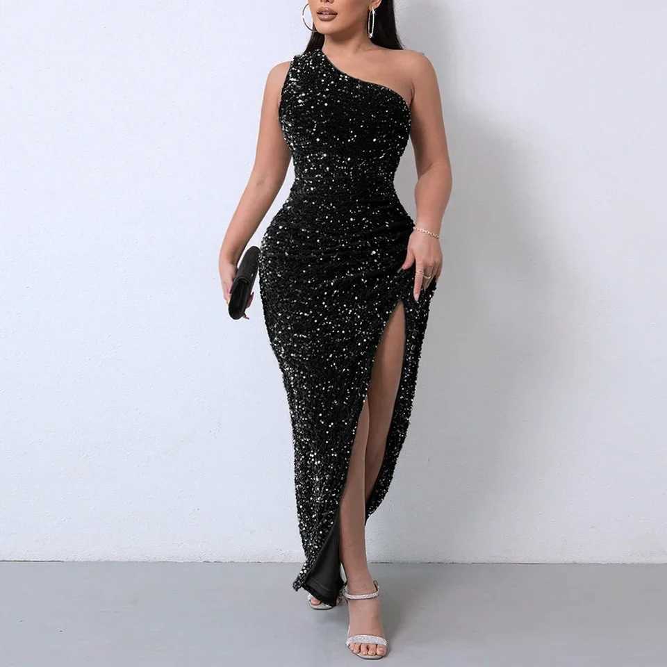 Single Shoulder Velvet Bodycon Womens Dress Glitter Slim Sequin Female It Formal Dresses Party Evening Prom Gala Dresses W241218