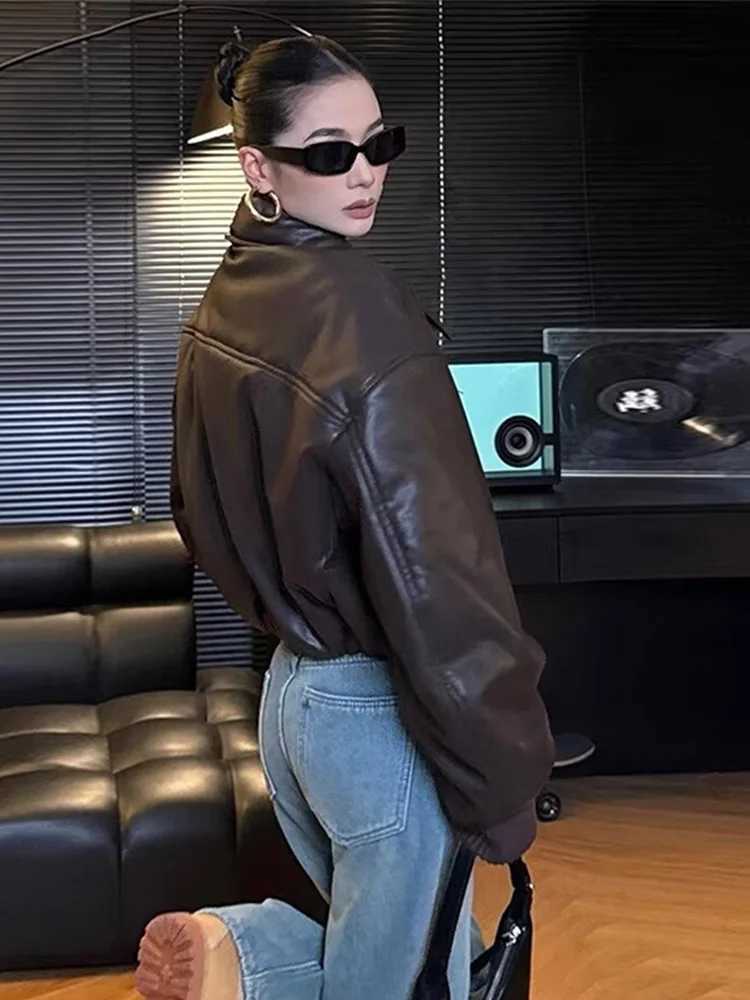 PU Leather Womens Winter Jacket Thick Warm Park Fashion Zipper Pocket Windproof Coat Cotton Pad Short Bomber Coat M241218