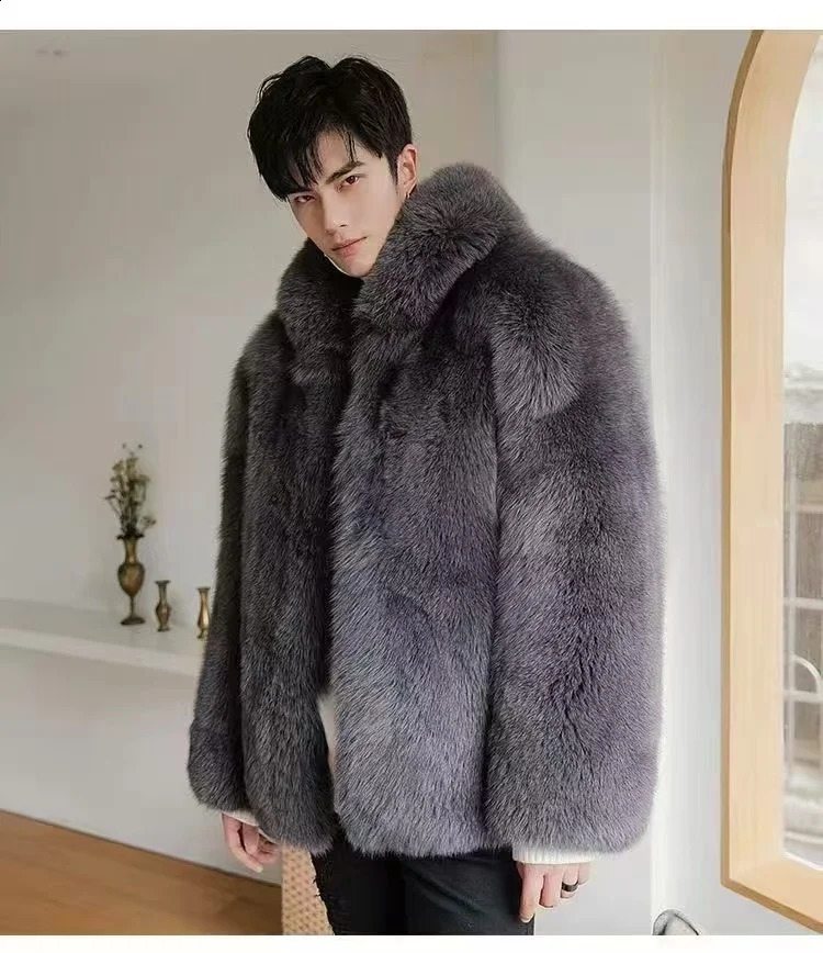 2024 Thick Mens Fur Warm Soft Artificial Plush Hoodie with Hat Fashion Light Top Coat Windshield 241211