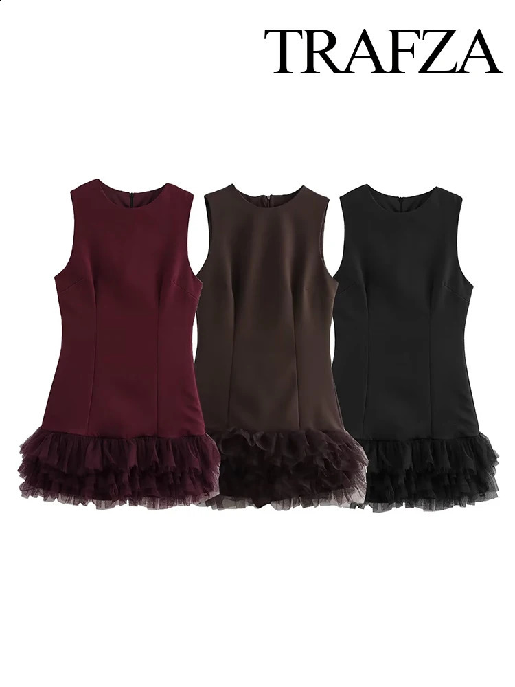 TRAFZA Womens Fashion Edition Round Neck Solid Chiffon Splicing Dress for Womens Sexy and Elegant Slimming Sleeveless Zipper Short Skirt 241213