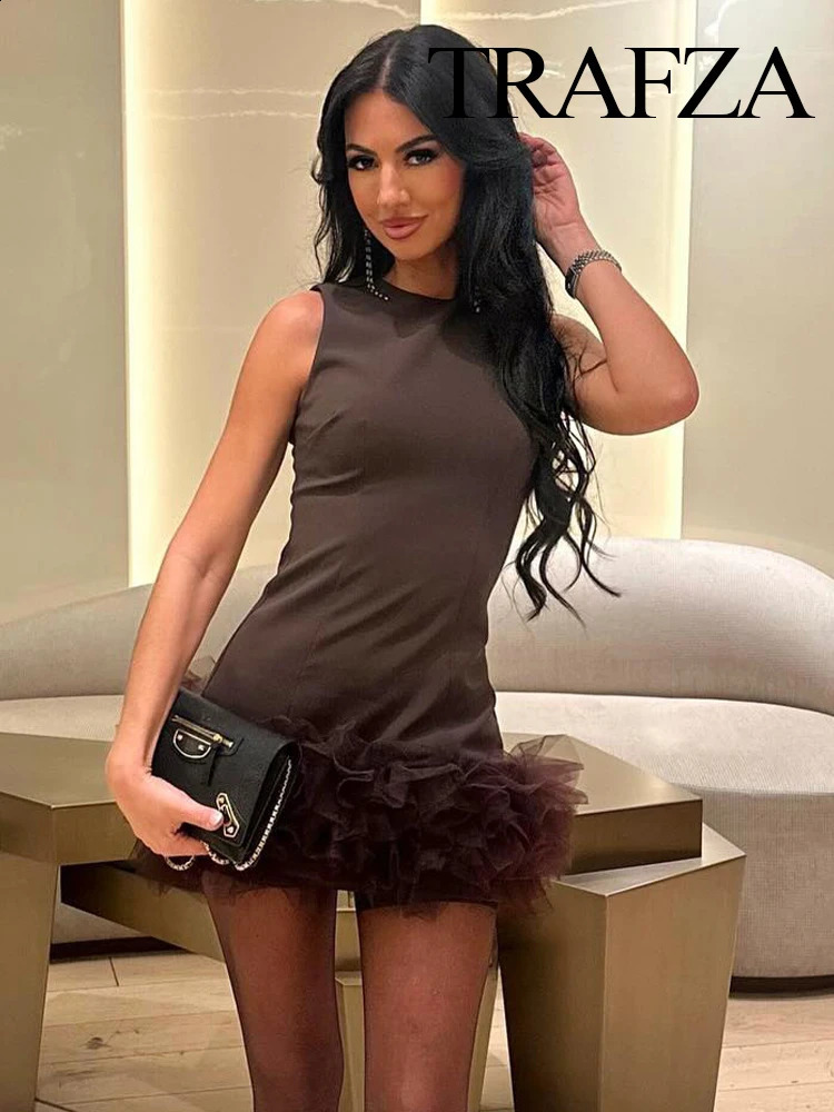 TRAFZA Womens Fashion Edition Round Neck Solid Chiffon Splicing Dress for Womens Sexy and Elegant Slimming Sleeveless Zipper Short Skirt 241213