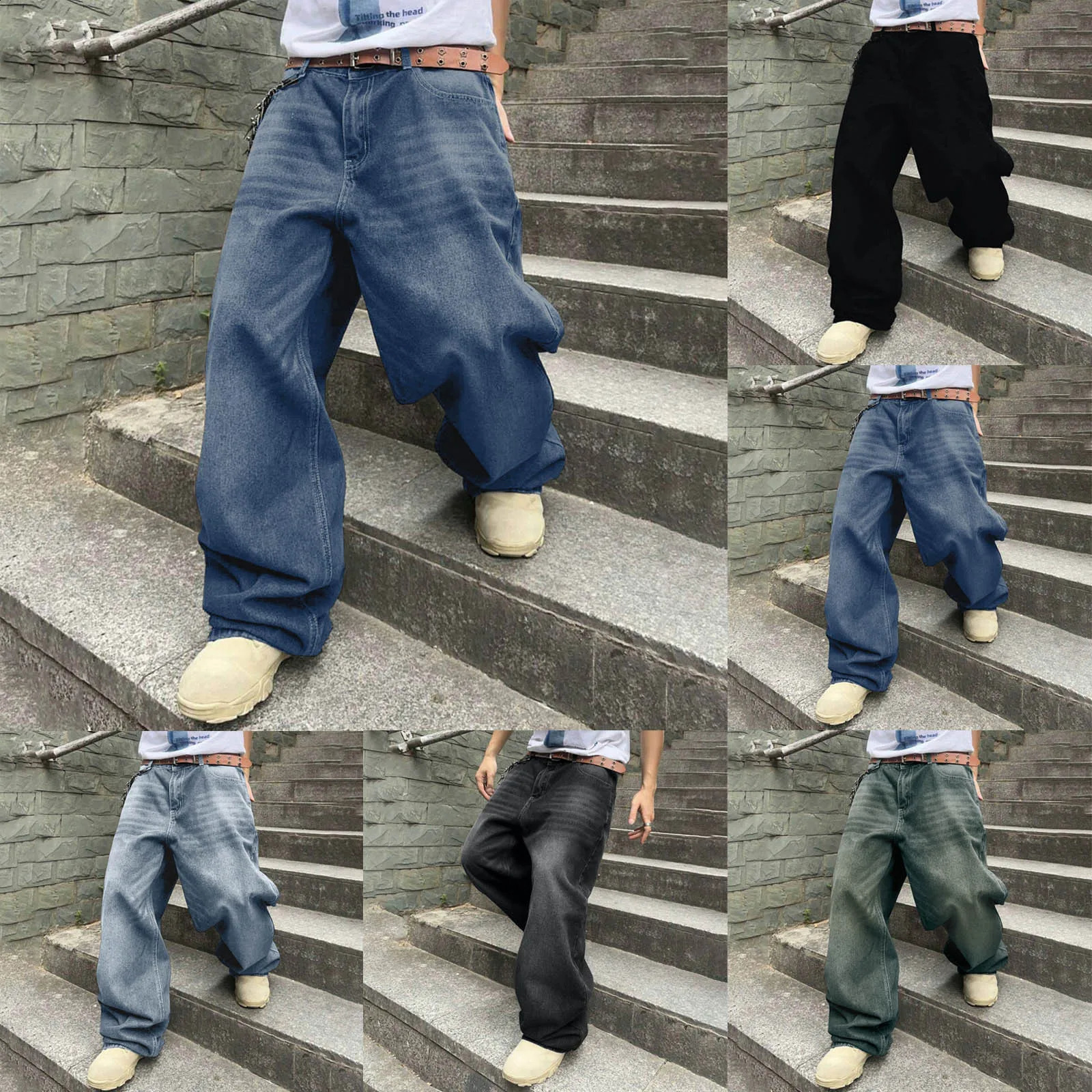 Mens loose denim pants wide legs high waistband casual Trousers plus size fashionable streetwear mens hiphop 241212Z