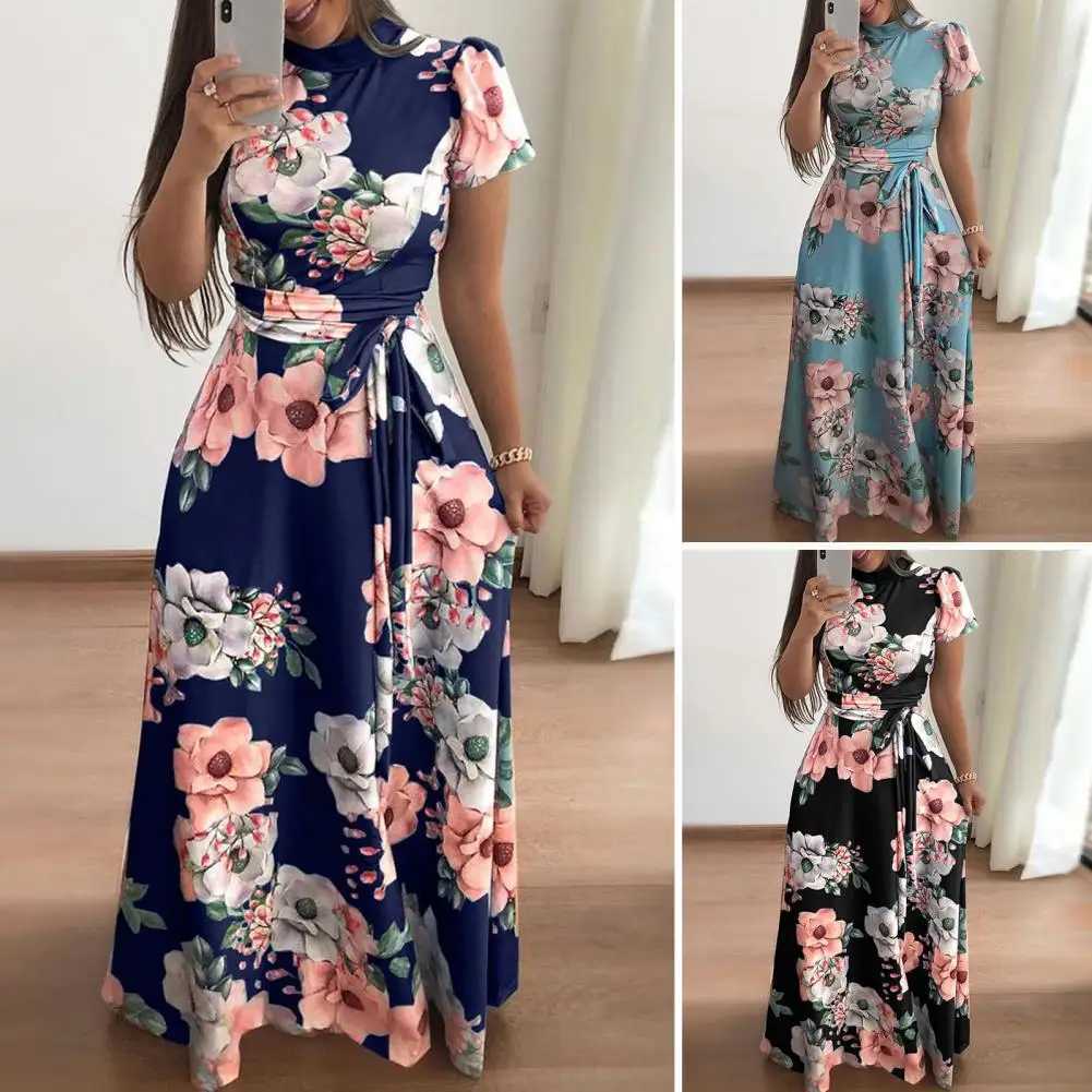 Womens Floral Print Dress Loose Fit Printed Dress Floral Print Maxi Dress with Mock Collar Belted Waist Womens A-line for Summer W241218
