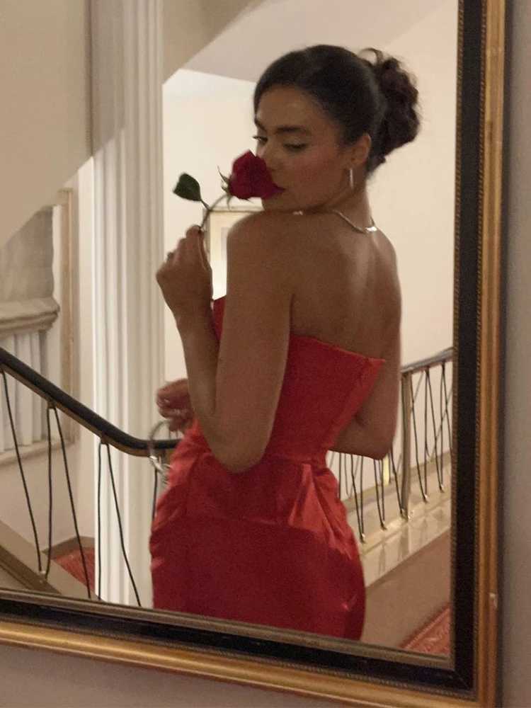 Sexy Red Satin Strapless Backless Women Corset Dress Fashion Waist Ruched Wrap Slim Dresses Autumn Ladies Evening Party VestidosXJ241218