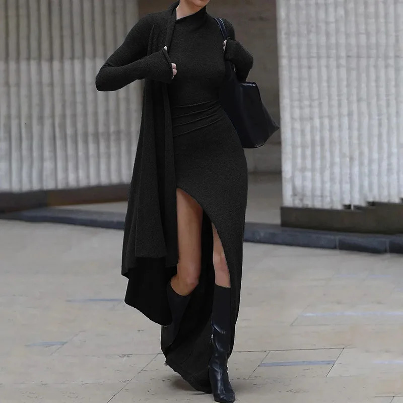 Asymmetrical Knit Long Dresses for Women Winter Fashion Kendall Outfits Gray Black Sexy Sleeve Slit Dress 241218
