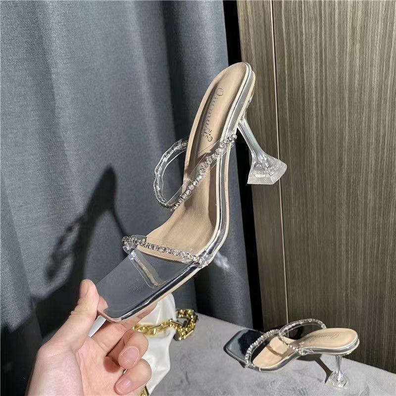 free shipping designer shoes Summer new rhinestone one-piece high-heeled sandals for women black