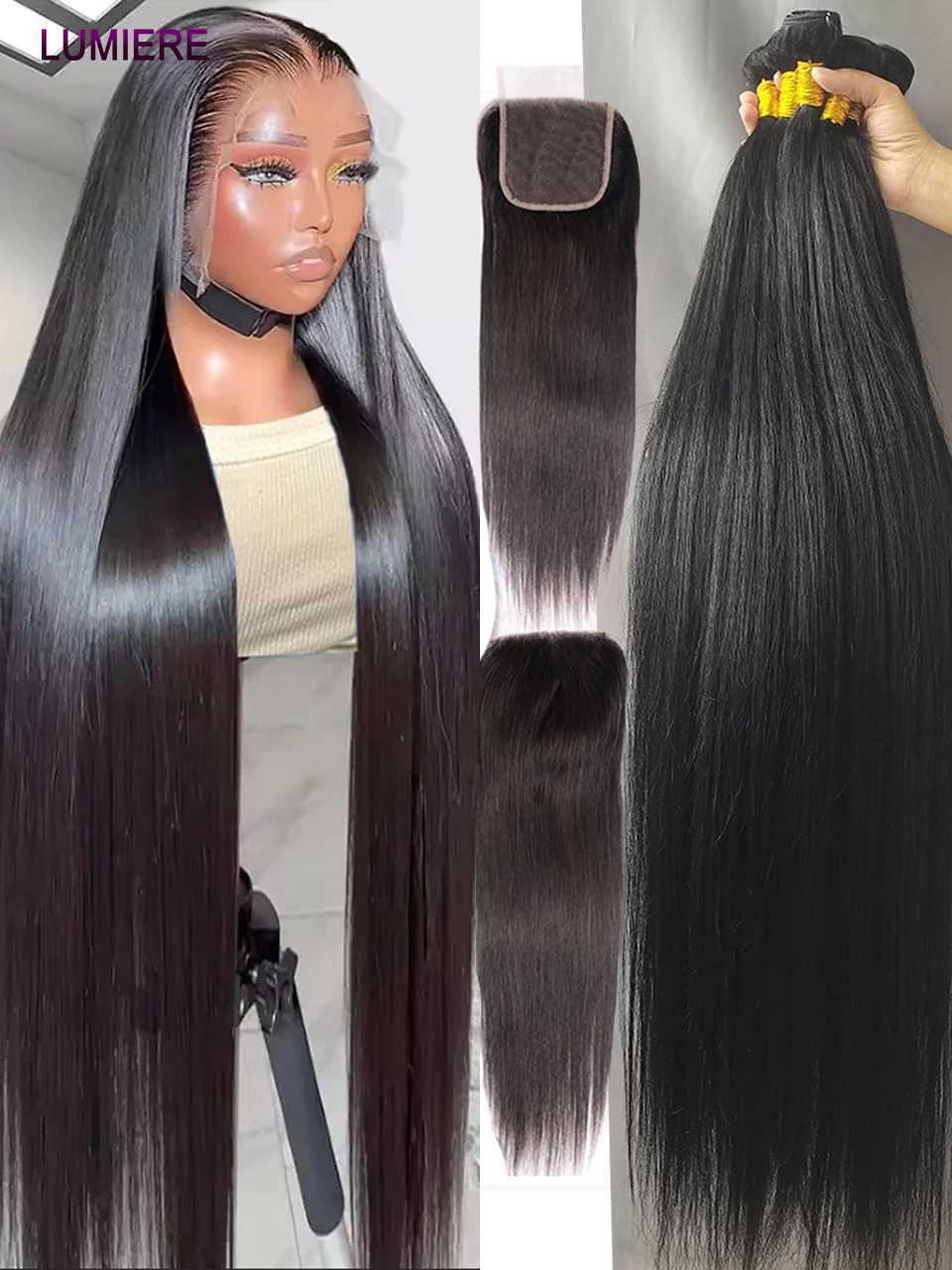 30 32 40 Inch Bone Straight Bundles With Frontal Closure Peruvian HD Lace Closures With Bundles Hair Weave Bundles With Closure W241221
