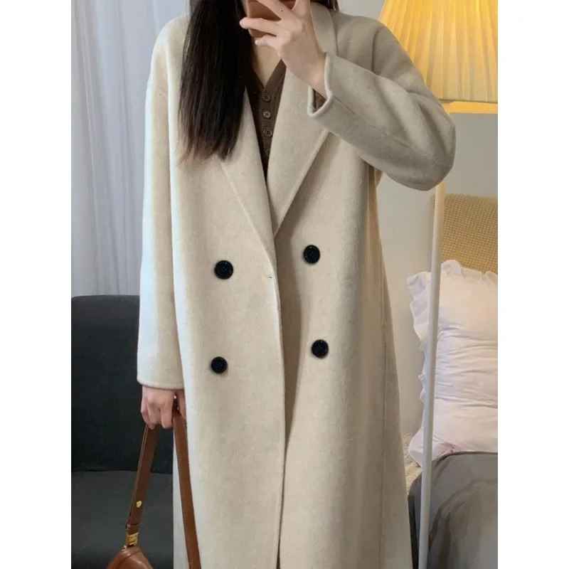 Reversible Cashmere Coat for Women Long Below the Knee Monochrome Wool Outwear Large Size Fashion Autumn Winter 241217