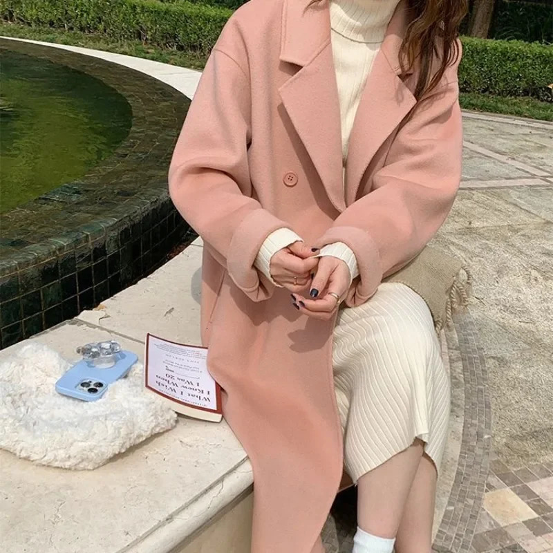 Reversible Cashmere Coat for Women Long Below the Knee Monochrome Wool Outwear Large Size Fashion Autumn Winter 241217