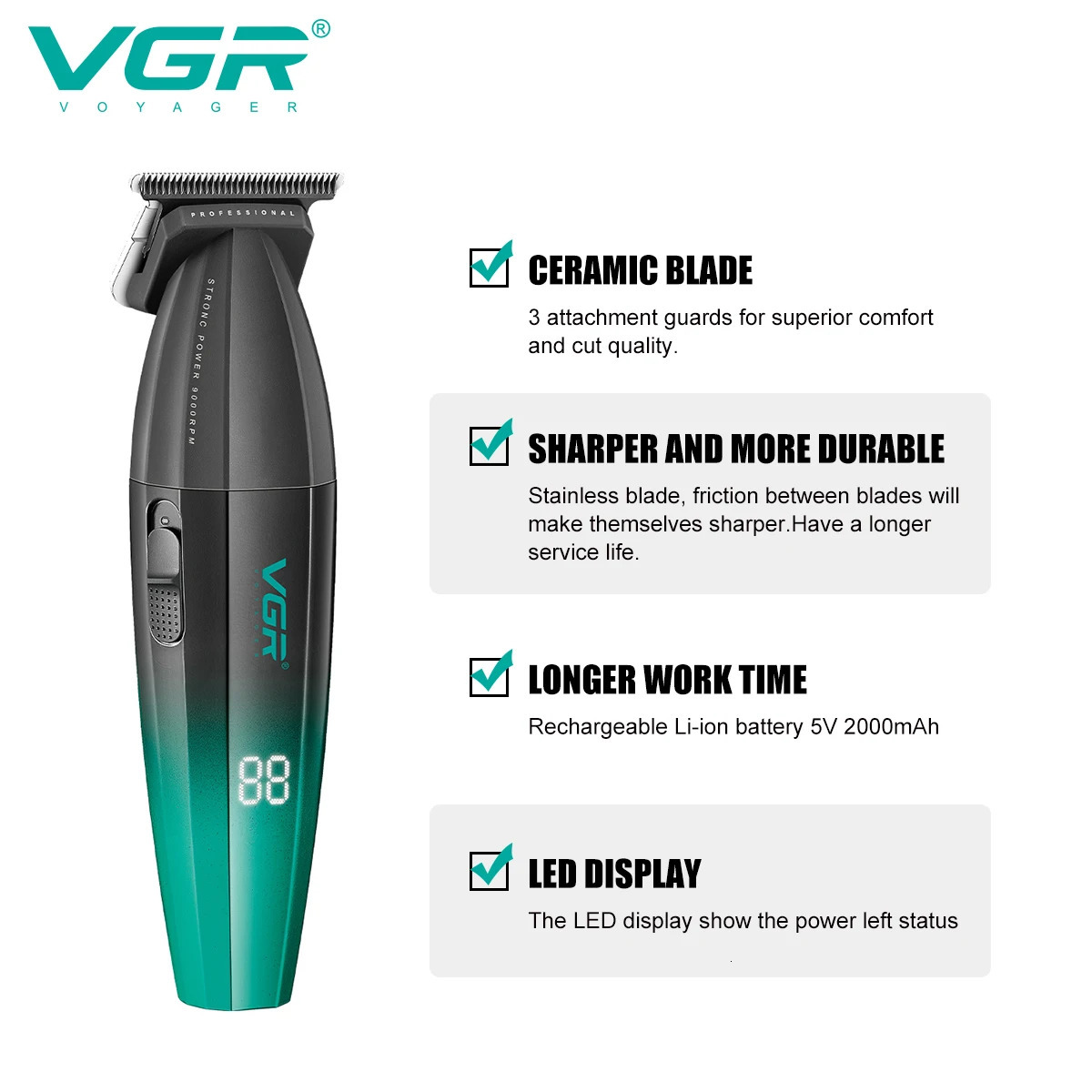 VGR Hair Clipper Professional Hair Trimmer Rechargeable Haircut Machine Cordless Hair Clipper LED Display Trimmer for Men V-906 241218