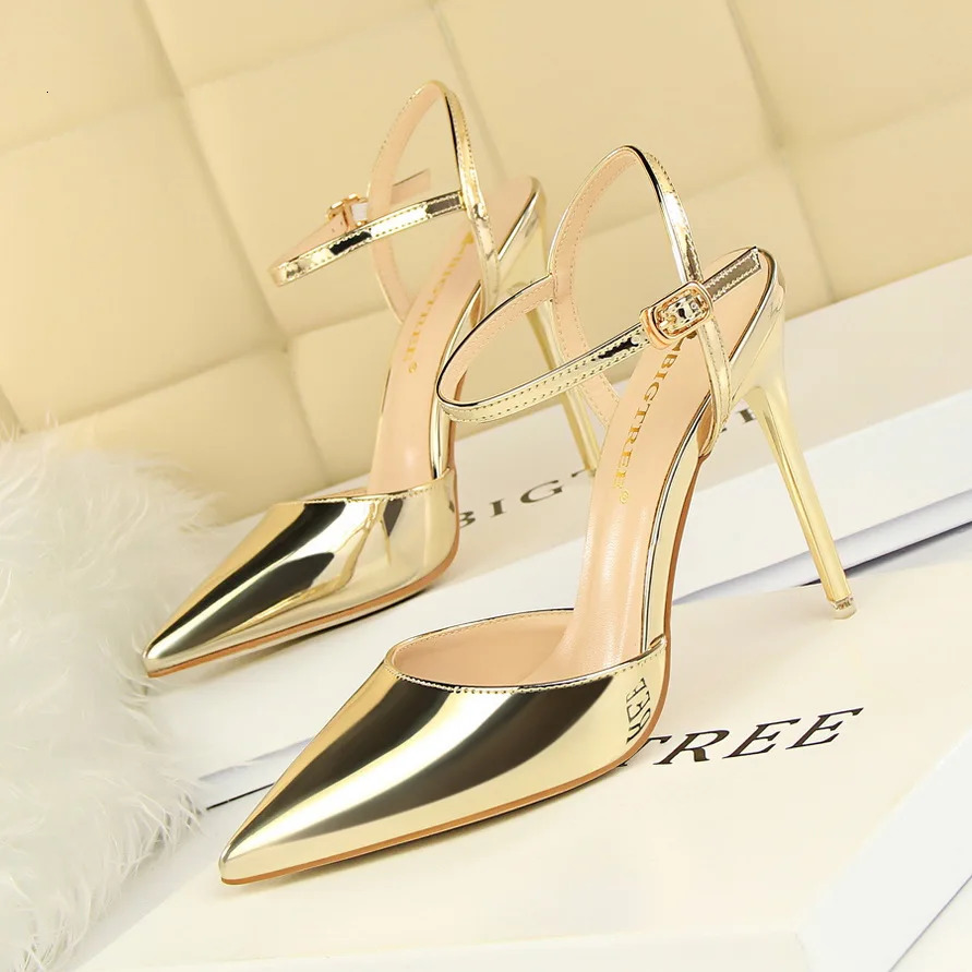 Women Pumps Slingback Shiny Metallic Gold Silver High Heels Dress Stiletto Sandals Pointed-toe Silk Woman Shoes Stylish Elegant 241218