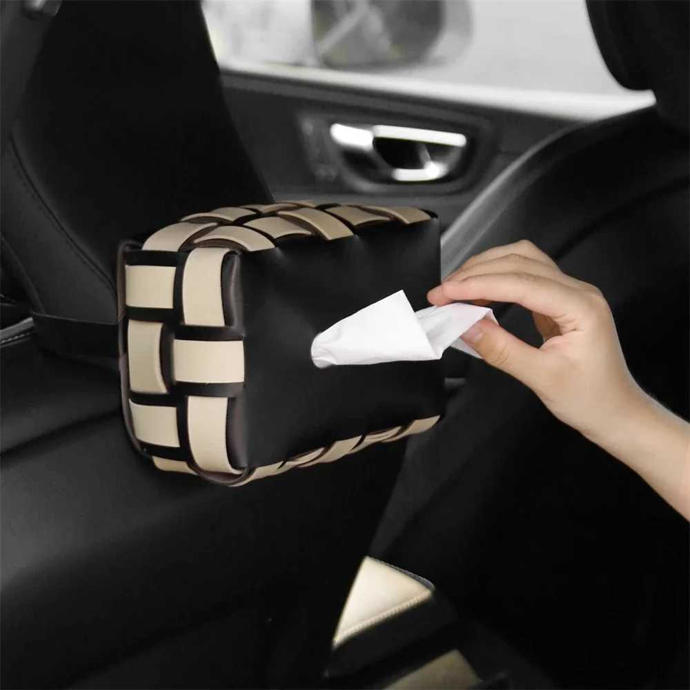 PU leather paper holder double plain weave tissue box luxury desktop napkin organizer creative handle headscarf cover Y241218