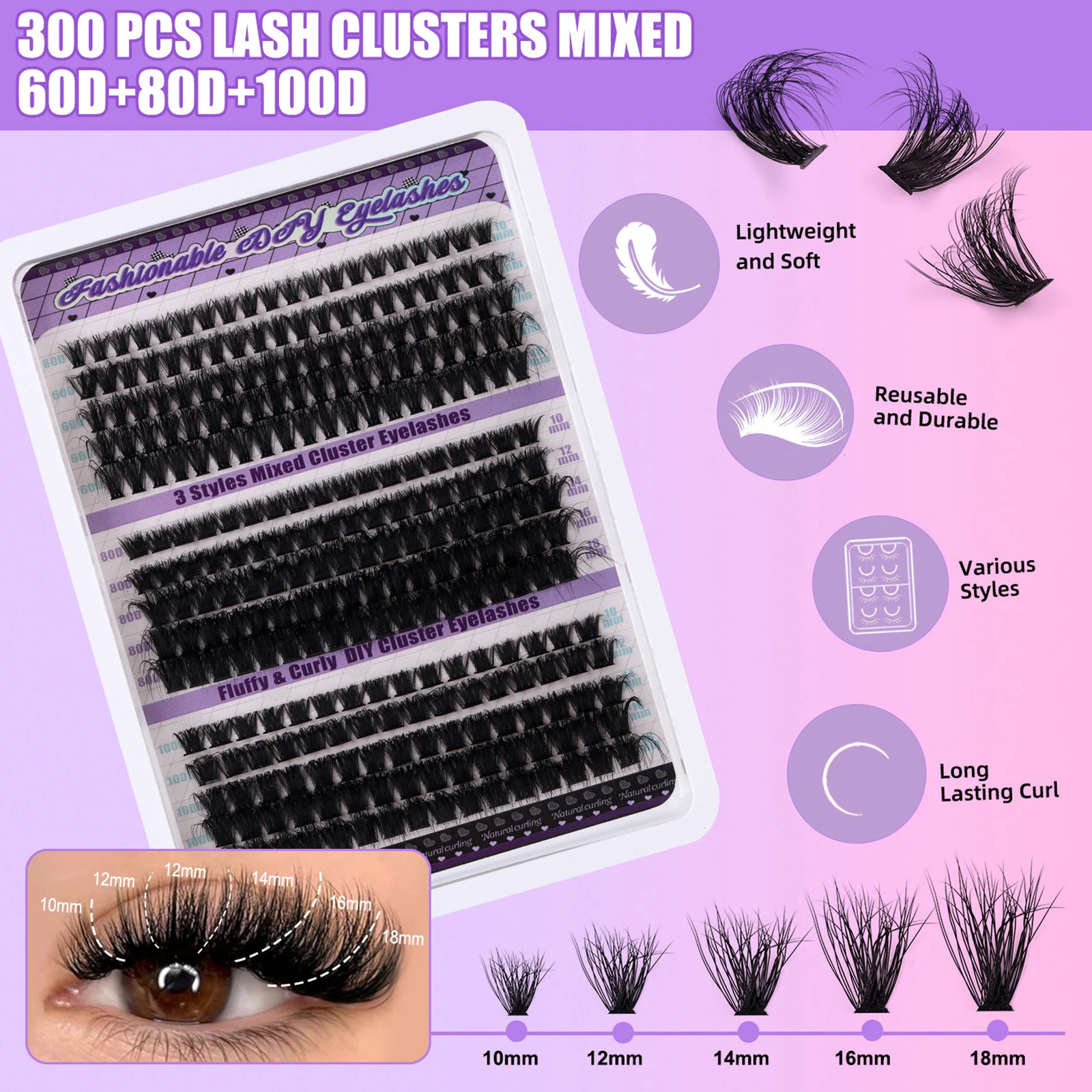 60D 80D 100D DIY Lash clusters set Fluffy volume 270pcs False Eyelashes bond and seal lash Glue kit 10-18mm natural long lashes 241218