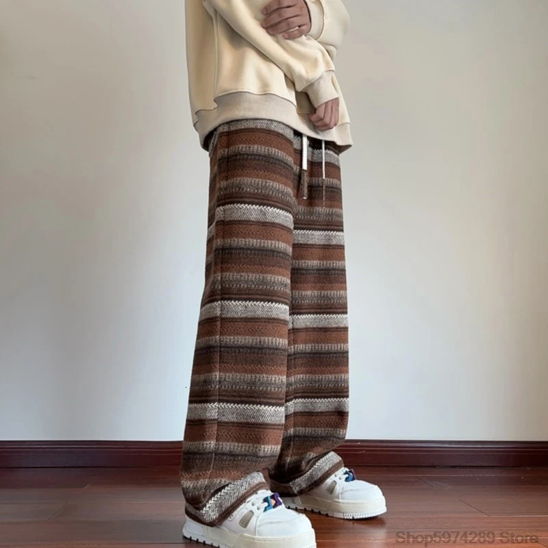 Wide Leg Pants Men Women Autumn Winter Fashion Casual Straight Pants Loose Mopping Pants Harajuku Vintage Striped Black/Coffee 241218
