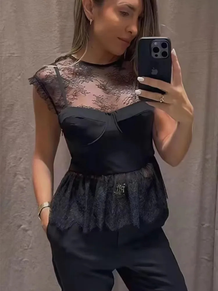 TRAF Fashion Women Lace Patchwork Tops Female Sleeveless Oneck Backless Shirt Elegant Sweet Black Club Party 241216