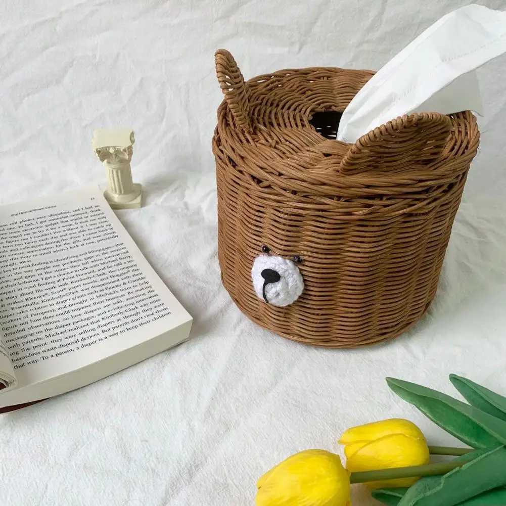 Nordic Style Bear Tissue Box Handmade Bear Lattan Tissue Box Desktop Roll Paper Tissue Rack Y241218