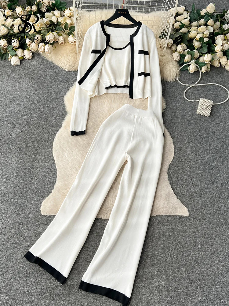 SINGREINY Autumn Knitted Three Pieces Sets Slim Tank TopLong Sleeves Short CardiganElastic Long Pants Fashion Sweater Set 241217