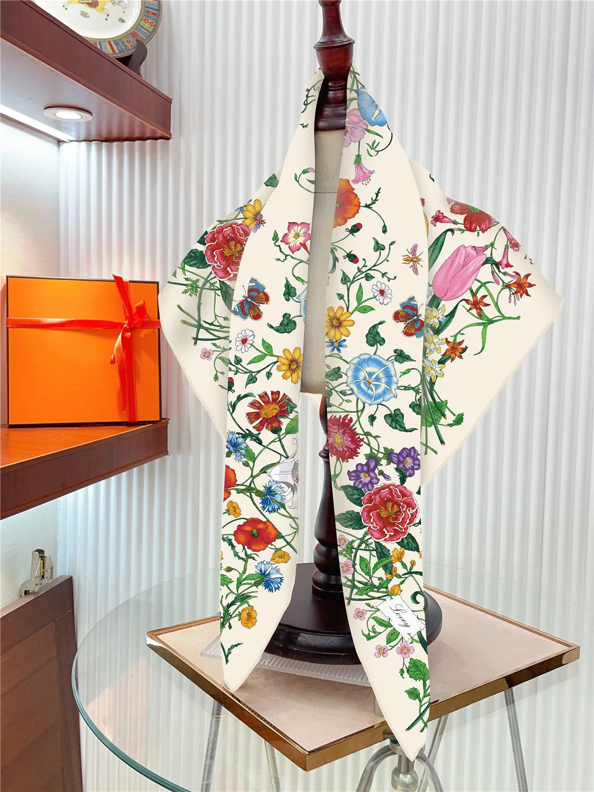 90cm Silk Scarf Women Plants Flowers Printed Square Scarves Head Echarpes Foulards Femme Wraps Shawls Bandana Lady Hijabs 241218