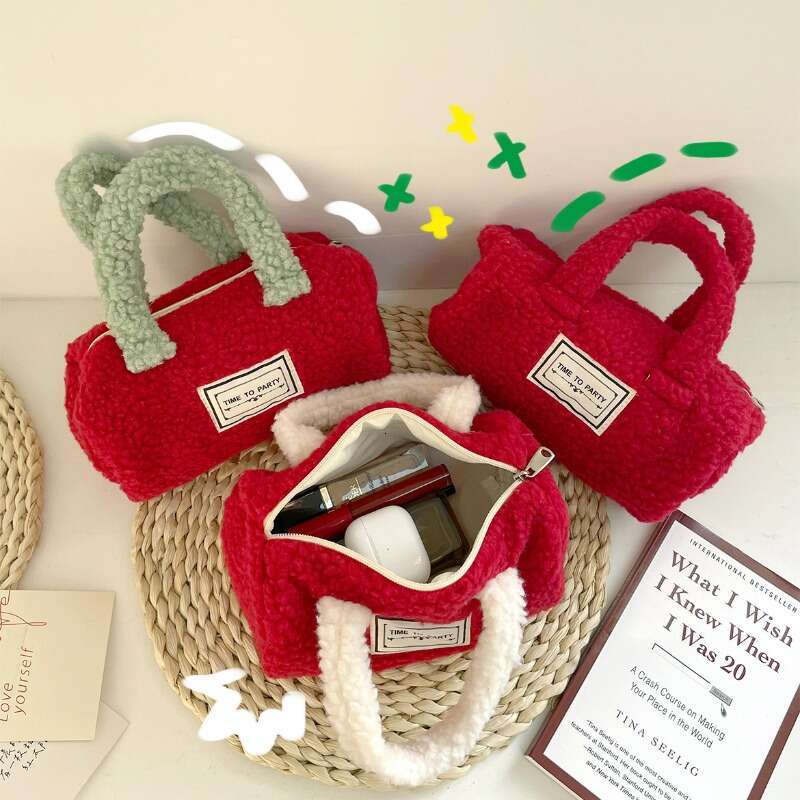 Women's Bags Christmas New Year's Red Envelope With Contrasting Colors, Lamb Fur Handbag, Plush Storage Bag