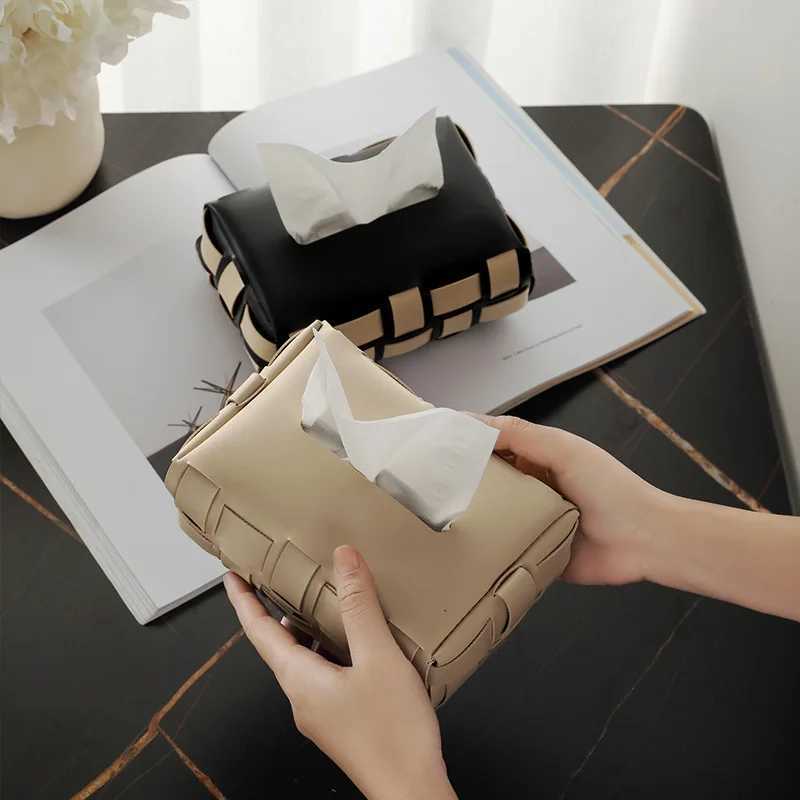 PU leather paper holder double plain weave tissue box luxury desktop napkin organizer creative handle headscarf cover Y241218
